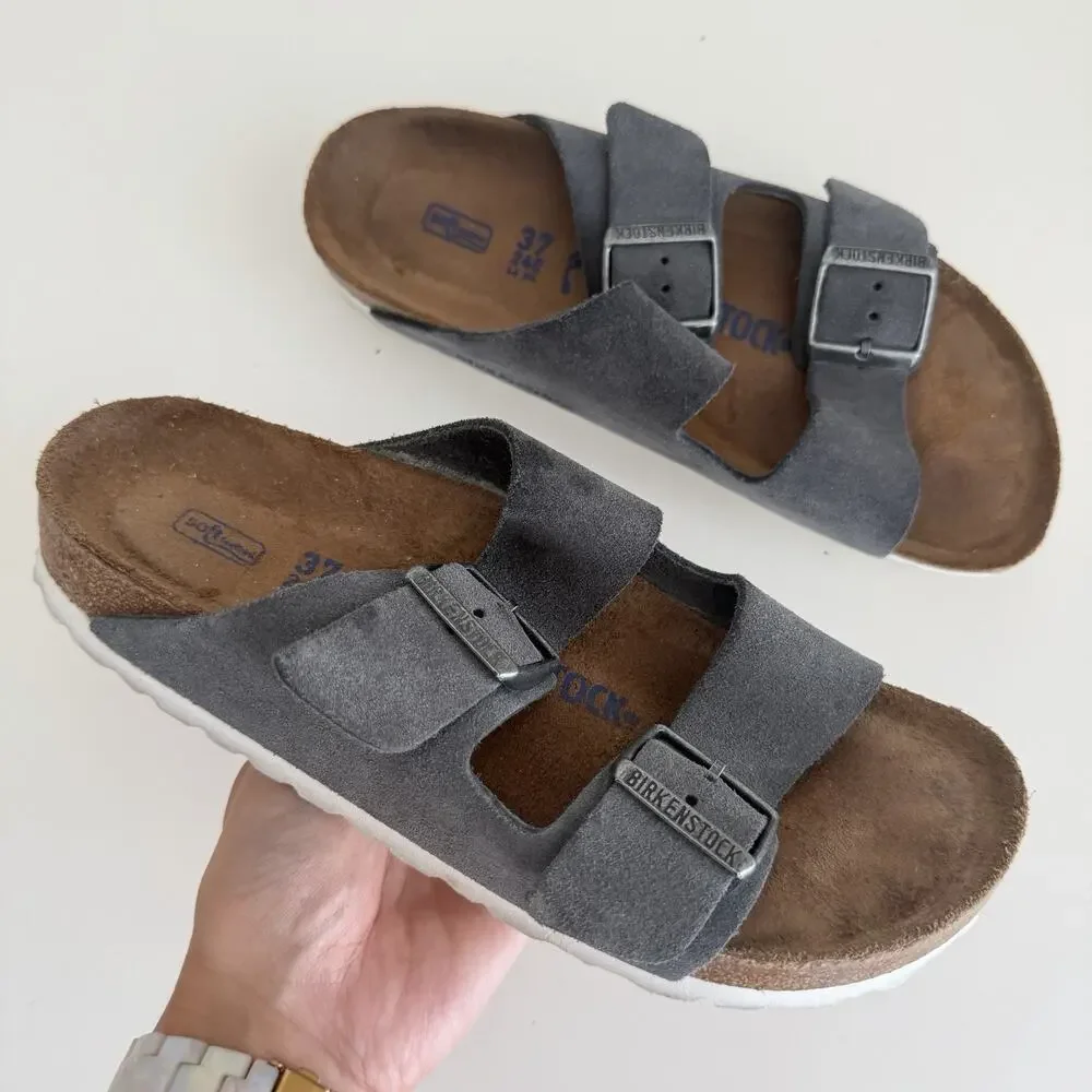 Birkenstock Arizona Womens 6 Gray Suede Leather Gunmetal Soft Footbed EU 37